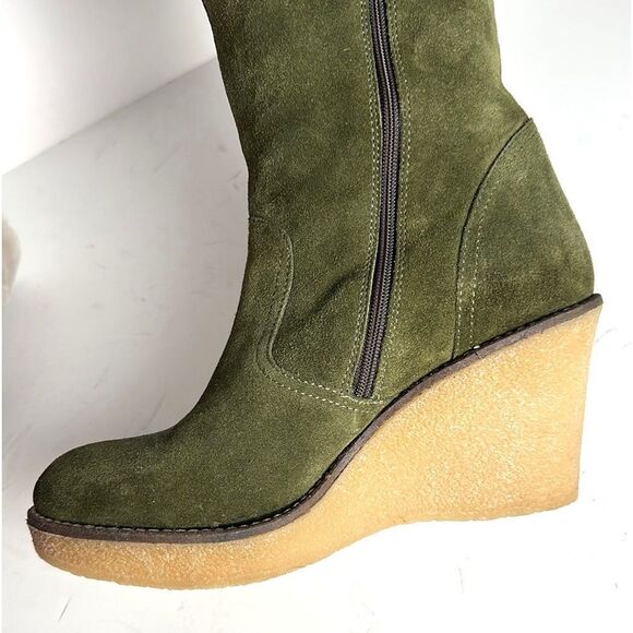 Skinnycalf Italy Olive Suede Shearling Over The Knee Wedge Boots US 8,5-9 - Picture 11 of 16